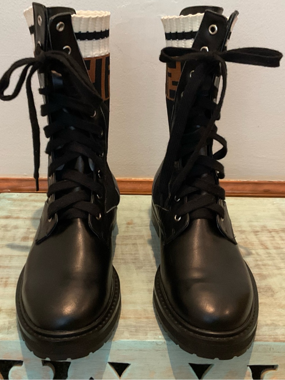 Fendi Black Leather Combat Boots with Monogram Knit Cuff - Picture 3 of 7